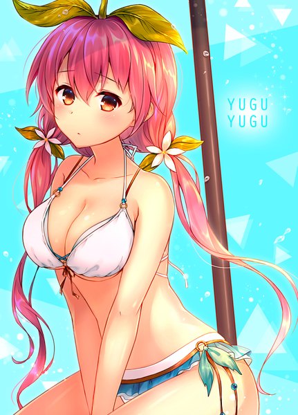 Anime picture 1323x1840 with granblue fantasy yggdrasil (granblue fantasy) natamiya single long hair tall image looking at viewer blush fringe breasts light erotic hair between eyes large breasts sitting twintails pink hair head tilt hair flower inscription bare belly
