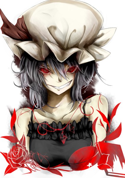Anime picture 2480x3507 with touhou remilia scarlet ase tou mi kaameru single tall image looking at viewer highres short hair red eyes upper body grey hair crazy smile girl bonnet