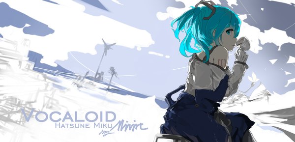 Anime picture 2900x1400 with vocaloid hatsune miku mivit single long hair looking at viewer fringe highres open mouth blue eyes wide image sitting twintails bare shoulders holding blue hair sky cloud (clouds) profile looking back
