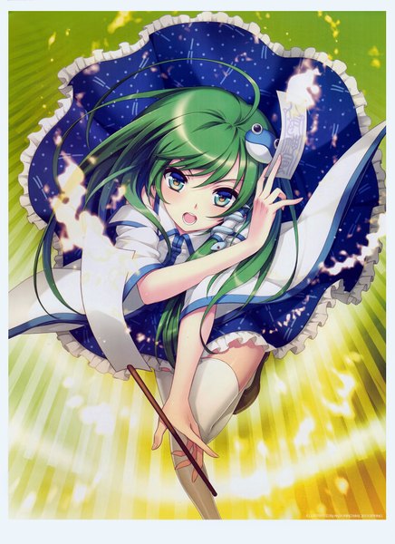 Anime picture 1511x2078 with touhou kochiya sanae an2a single long hair tall image looking at viewer fringe open mouth blue eyes bare shoulders traditional clothes green hair scan magic miko girl thighhighs hair ornament detached sleeves
