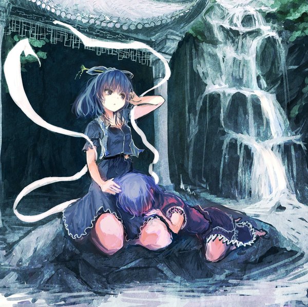 Anime picture 1789x1785 with touhou kaku seiga miyako yoshika ashiyama yoshinori (artist) long hair highres sitting multiple girls blue hair looking away lying black eyes waterfall girl dress bow 2 girls hair bow water blue dress