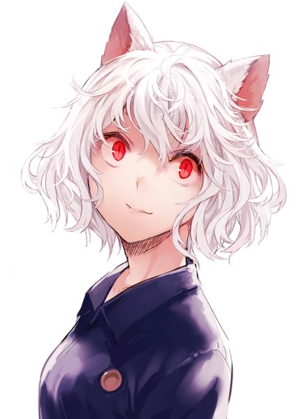 Anime picture 1938x2696 with hunter x hunter neferupito bon (artist) single tall image looking at viewer highres short hair simple background red eyes white background animal ears upper body white hair cat ears cat girl cat eyes girl