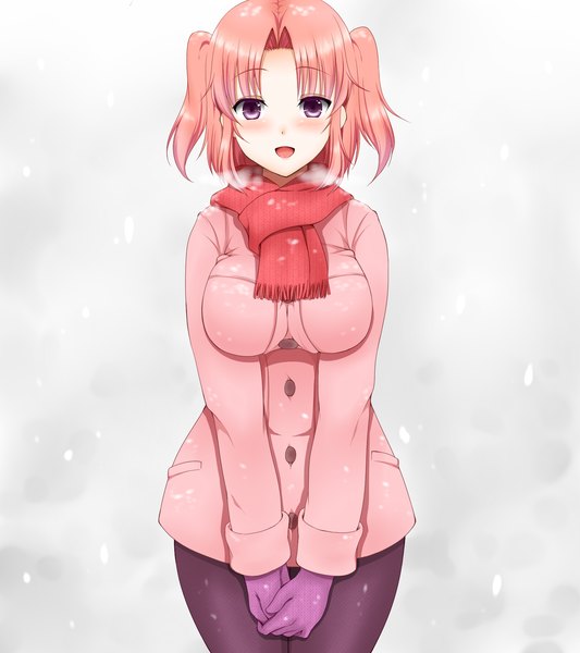 Anime picture 1600x1800 with mikakunin de shinkoukei doga kobo yonomori kobeni yue_niconico single tall image looking at viewer blush fringe short hair breasts open mouth large breasts standing purple eyes pink hair two side up snowing exhalation girl