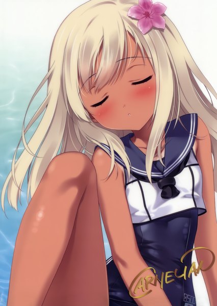 Anime picture 2582x3640 with kantai collection ro-500 submarine carnelian single long hair tall image blush highres white hair eyes closed hair flower scan girl hair ornament flower (flowers) swimsuit sailor suit