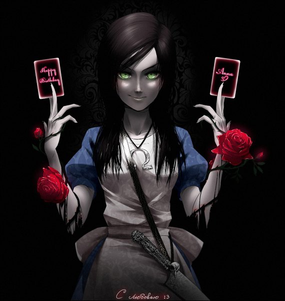 Anime picture 1199x1261 with american mcgee's alice (game) alice (american mcgee's) revolmxd long hair tall image looking at viewer black hair simple background smile green eyes puffy sleeves black background smirk girl dress flower (flowers) weapon choker rose (roses) apron