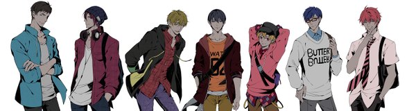 Anime picture 3030x813 with free! kyoto animation matsuoka rin nanase haruka (free!) tachibana makoto hazuki nagisa ryugazaki rei yamazaki sosuke shigino kisumi looking at viewer highres short hair simple background blonde hair smile red eyes brown hair wide image standing white background