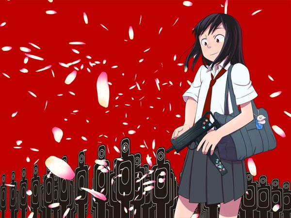 Anime picture 1600x1200 with highres black hair brown eyes uniform school uniform gun