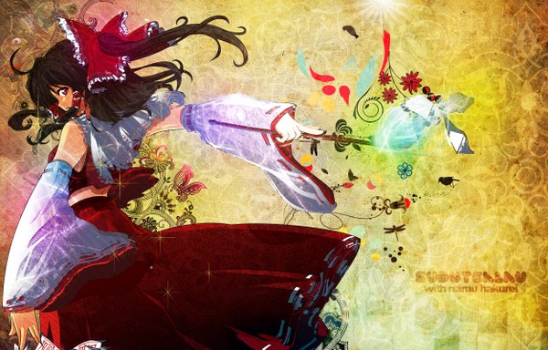 Anime picture 2500x1600 with touhou hakurei reimu single long hair highres black hair red eyes bare shoulders looking back girl dress bow hair bow detached sleeves gohei