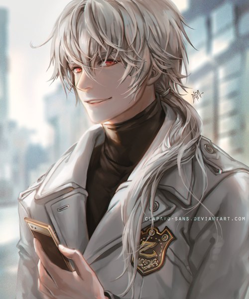 Anime picture 833x1000 with mystic messenger zen (mystic messenger) claparo-sans single long hair tall image looking at viewer fringe smile hair between eyes red eyes signed upper body white hair depth of field low ponytail boy coat mobile phone smartphone