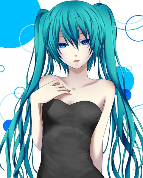 Anime picture 800x1000 with vocaloid hatsune miku hinase kanoto single long hair tall image looking at viewer fringe twintails bare shoulders aqua eyes aqua hair alternate costume girl