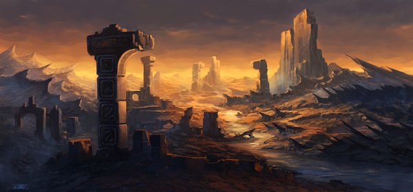 Anime picture 1600x748 with diablo (game) blizzard entertainment vennom07 wide image signed sky cloud (clouds) no people landscape river ruins rock water