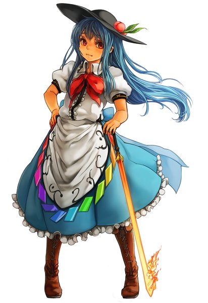 Anime picture 1100x1600 with touhou hinanawi tenshi sachito (artist) single long hair tall image looking at viewer simple background red eyes white background blue hair wind hand on hip glowing girl weapon hat sword boots fruit