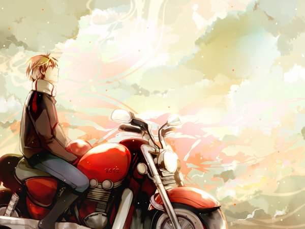 Anime picture 1400x1050 with original matsunaka hiro single short hair blonde hair brown hair brown eyes sky cloud (clouds) looking up boy jacket motorcycle
