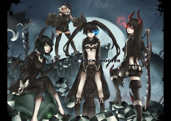 Anime picture 2000x1417 with black rock shooter black rock shooter (character) dead master strength (black rock shooter) black gold saw j.sms long hair looking at viewer highres short hair blue eyes black hair red eyes twintails multiple girls green eyes white hair braid (braids) horn (horns) glowing