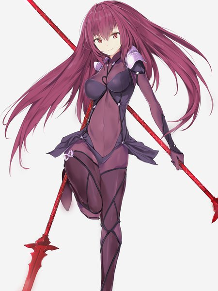 Anime picture 1200x1600 with fate (series) fate/grand order scathach (fate) (all) scathach (fate) silver (chenwen) single long hair tall image looking at viewer fringe breasts light erotic simple background smile hair between eyes red eyes standing white background holding payot