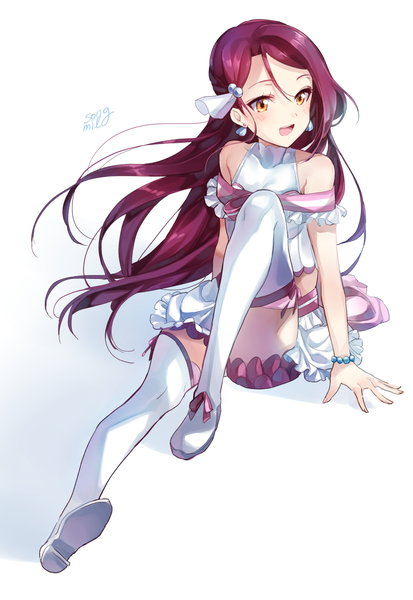 Anime picture 800x1160 with love live! sunshine!! sunrise (studio) love live! sakurauchi riko songmil single long hair tall image blush open mouth simple background smile white background sitting bare shoulders yellow eyes looking away purple hair full body :d