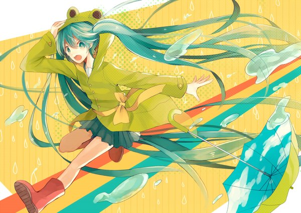 Anime picture 1500x1064 with vocaloid hatsune miku shugao open mouth hair between eyes twintails very long hair pleated skirt aqua eyes aqua hair girl skirt ribbon (ribbons) miniskirt water jacket umbrella hoodie rubber boots