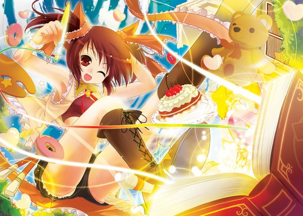 Anime picture 1115x796 with original porurin short hair open mouth red eyes brown hair twintails one eye closed wink short twintails lacing girl ribbon (ribbons) hair ribbon food shorts heart sweets star (symbol) book (books)