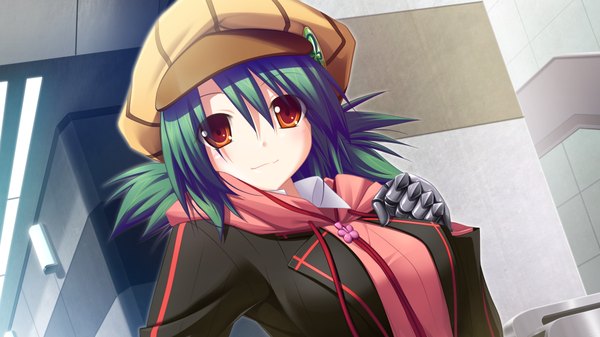 Anime picture 1024x576 with soukoku no arterial short hair red eyes wide image game cg green hair girl uniform school uniform hat