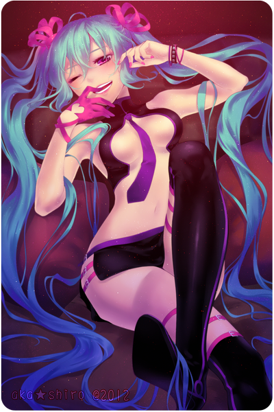 Anime picture 800x1200 with vocaloid hatsune miku aka-shiro single tall image light erotic twintails lying very long hair nail polish one eye closed pink eyes wink aqua hair finger to mouth girl thighhighs navel ribbon (ribbons) black thighhighs