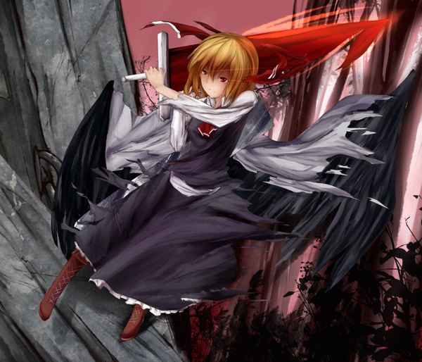 Anime picture 3035x2600 with touhou rumia ex-rumia metalwasabi single fringe highres short hair blonde hair hair between eyes red eyes looking away full body torn clothes girl skirt bow weapon sword wings