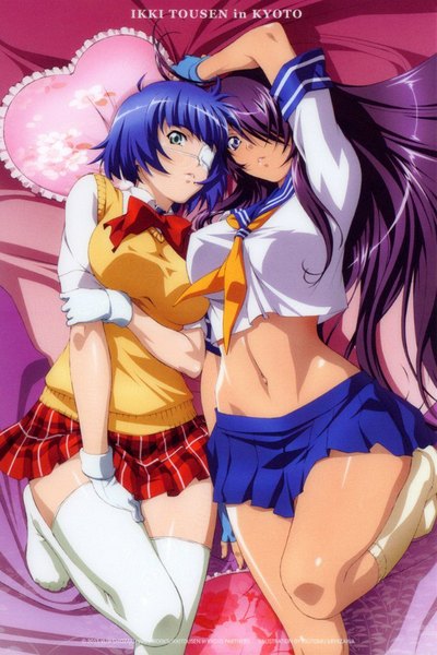 Anime picture 683x1024 with ikkitousen kanu unchou ryomou shimei long hair tall image blush highres short hair blue eyes multiple girls very long hair scan midriff plaid skirt girl thighhighs skirt gloves navel uniform