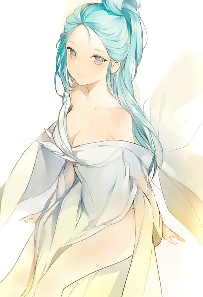 Anime picture 650x950 with original lpip single long hair tall image looking at viewer breasts light erotic simple background large breasts white background sitting bare shoulders cleavage aqua eyes light smile from above aqua hair arm support grey eyes