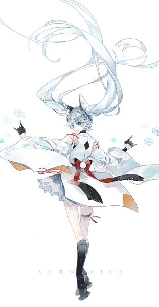 Anime picture 1288x2478 with vocaloid hatsune miku yuki miku mikuru rumisora single tall image blue eyes simple background white background twintails animal ears blue hair looking away full body very long hair traditional clothes japanese clothes from behind character names fox ears