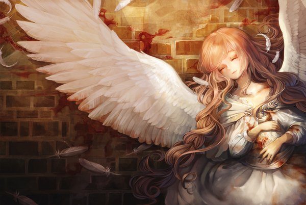 Anime picture 1400x939 with original aka tonbo (lovetow) single long hair blonde hair eyes closed wavy hair angel wings girl dress wings blood feather (feathers) wall
