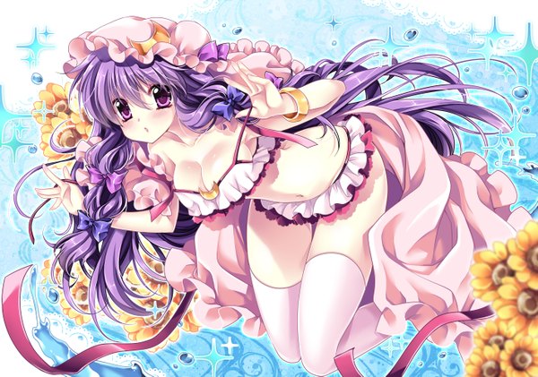 Anime picture 1419x997 with touhou patchouli knowledge sakurano tsuyu single long hair looking at viewer breasts light erotic purple eyes purple hair girl thighhighs dress navel flower (flowers) bow ribbon (ribbons) hair bow white thighhighs frills