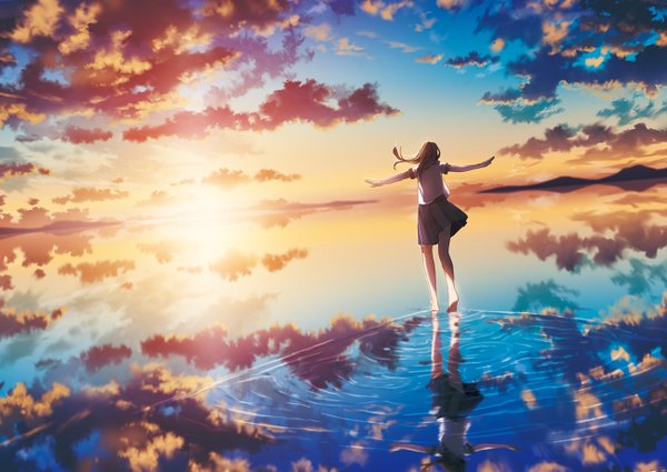 Anime picture 1300x921 with original amemura single long hair brown hair sky cloud (clouds) barefoot from behind reflection spread arms walking scenic girl skirt uniform miniskirt water serafuku sea