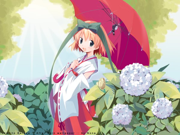 Anime picture 1600x1200 with harada takehito japanese clothes miko flower (flowers) umbrella hydrangea teru teru bozu