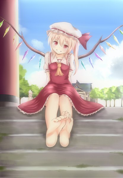 Anime picture 1024x1478 with touhou flandre scarlet single tall image short hair blonde hair red eyes barefoot legs girl dress wings bonnet crystal