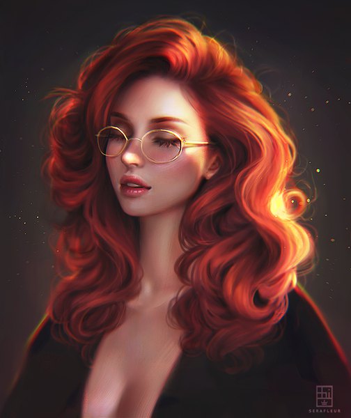 Anime picture 757x900 with original abigail diaz single long hair tall image open mouth light erotic simple background signed upper body red hair eyes closed lips realistic teeth lipstick watermark black background portrait wavy hair