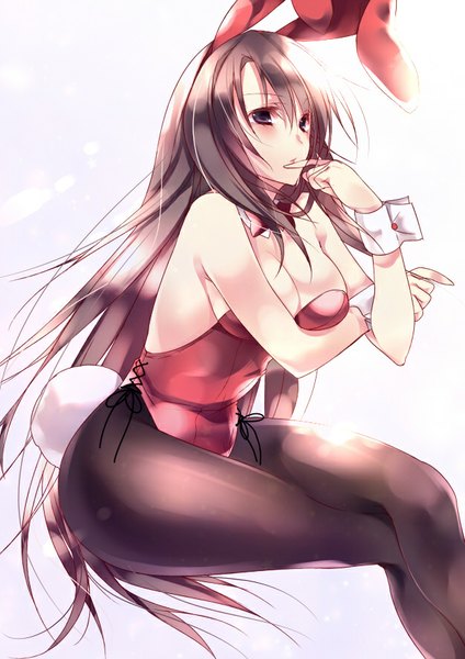 Anime picture 626x885 with original amane ruri single long hair tall image blush breasts light erotic black hair purple eyes bare shoulders animal ears tail animal tail bunny ears finger to mouth bunny girl bunny tail girl pantyhose