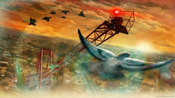 Anime picture 1920x1080 with tanaka ryosuke highres wide image sky cloud (clouds) from above city evening sunset horizon cityscape flying animal bird (birds) building (buildings) sun pigeon crane