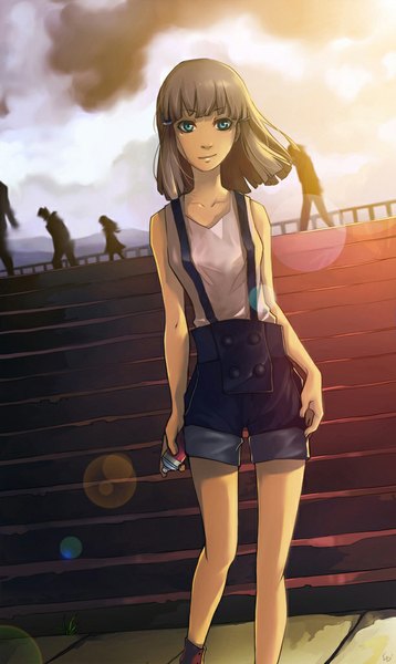 Anime picture 611x1024 with original unodu tall image fringe short hair blue eyes sky wind grey hair legs sleeveless girl suspenders clothes