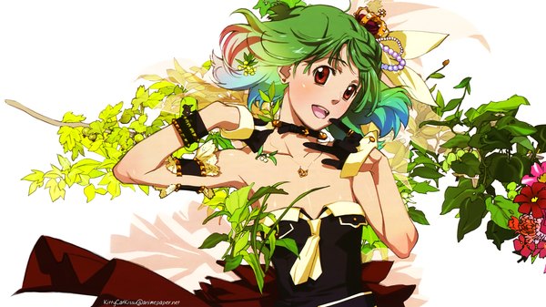 Anime picture 1920x1080 with macross macross frontier macross frontier: sayonara no tsubasa ranka lee single highres short hair open mouth red eyes wide image bare shoulders green hair wallpaper girl gloves hair ornament flower (flowers) collar crown
