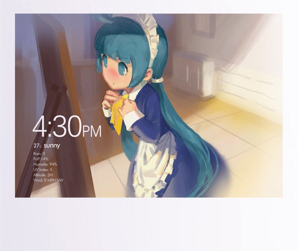 Anime picture 1059x893 with original hjl single long hair blush fringe twintails payot looking away ahoge indoors blunt bangs long sleeves aqua eyes aqua hair :o maid leaning leaning forward framed