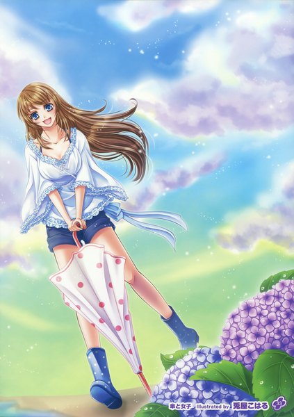 Anime picture 2536x3600 with girls, girls, girls! 11 (artbook) usagiya koharu single long hair tall image looking at viewer blush highres open mouth blue eyes brown hair sky cloud (clouds) scan official art closed umbrella girl flower (flowers) shorts umbrella