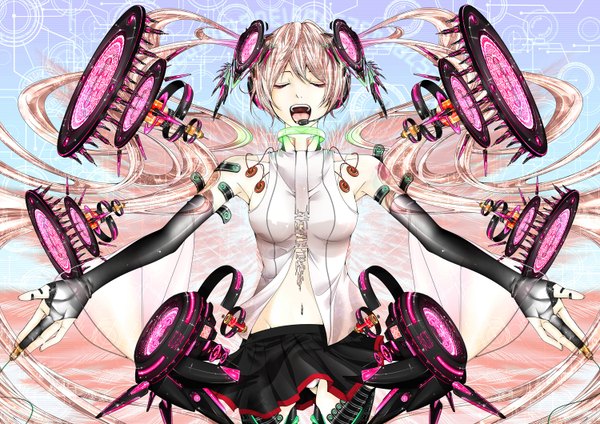 Anime picture 1500x1060 with vocaloid vocaloid append hatsune miku hatsune miku (append) bouno satoshi single open mouth twintails bare shoulders pink hair eyes closed very long hair alternate color girl skirt gloves elbow gloves fingerless gloves speakers