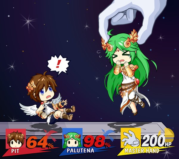 Anime picture 2000x1778 with super smash bros. kid icarus nintendo palutena pit (kid icarus) yuyukong highres open mouth brown hair blue hair ahoge very long hair green hair chibi angel wings space > < ! solid eyes girl