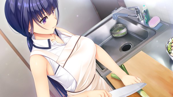 Anime picture 1280x720 with natural vacation hibiki works fujisaki haruka asami asami single long hair fringe breasts black hair wide image large breasts purple eyes bare shoulders game cg from above low ponytail cooking girl apron knife