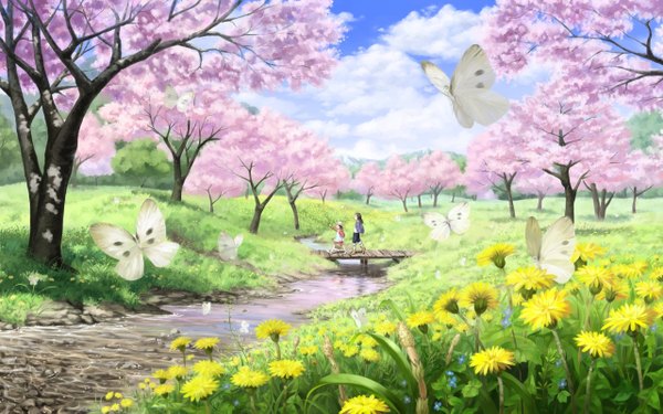 Anime picture 2560x1600 with original imaoka (pixiv) long hair blush highres short hair black hair smile wide image multiple girls looking away sky cloud (clouds) ahoge cherry blossoms happy landscape walking scenic pointing