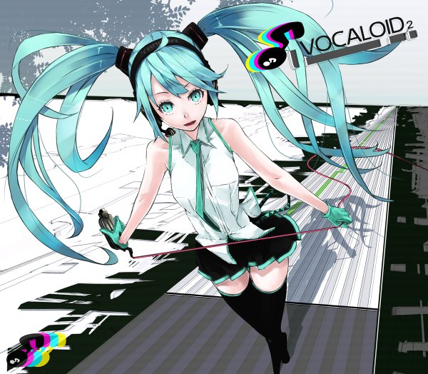 Anime picture 1200x1048 with vocaloid hatsune miku mille (dieci) single long hair twintails bare shoulders green eyes green hair girl thighhighs skirt gloves miniskirt necktie headphones wire (wires)