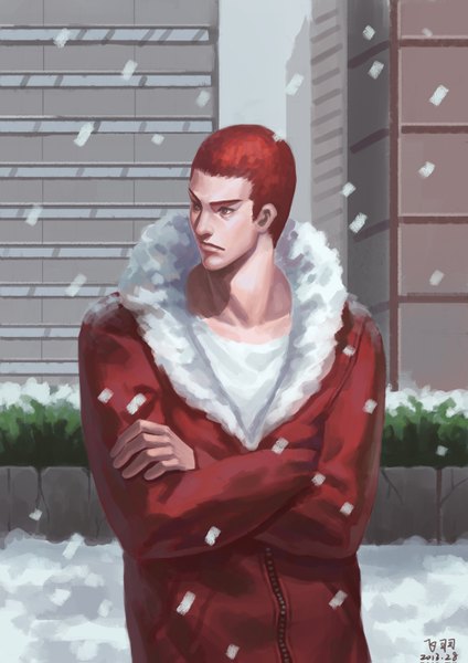 Anime picture 1000x1415 with slam dunk (series) sakuragi hanamichi piaoluo de fei yu single tall image short hair brown eyes signed red hair snowing winter crossed arms snow boy winter clothes