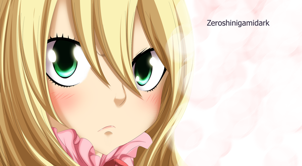 Anime picture 2800x1543 with fairy tail mavis vermillion zeroshini single long hair blush highres simple background blonde hair wide image white background green eyes loli coloring close-up face girl