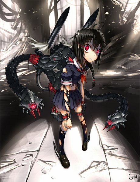 Anime picture 800x1040 with kantai collection shigure destroyer gia long hair tall image looking at viewer black hair red eyes signed ahoge braid (braids) pleated skirt torn clothes single braid glowing glowing eye (eyes) destruction skirt uniform school uniform