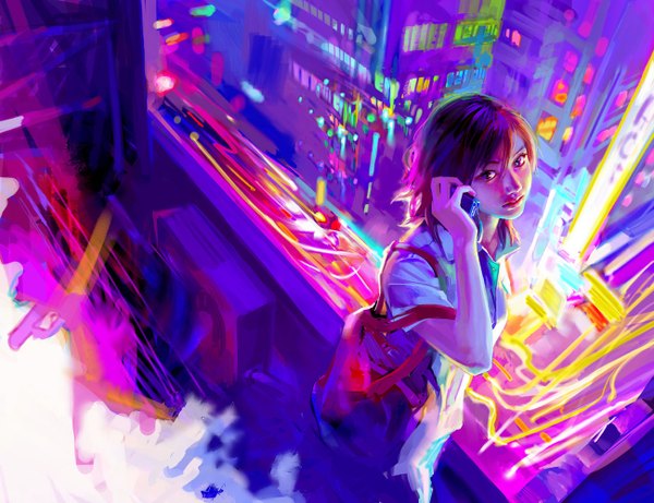 Anime picture 1300x1000 with original benjamin (zhang bin) looking at viewer short hair brown hair realistic city girl building (buildings) bag phone