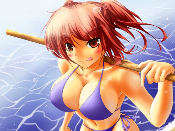 Anime picture 1200x900 with touhou onozuka komachi yasojima nejiro short hair breasts light erotic red eyes twintails red hair girl swimsuit bikini tongue stick